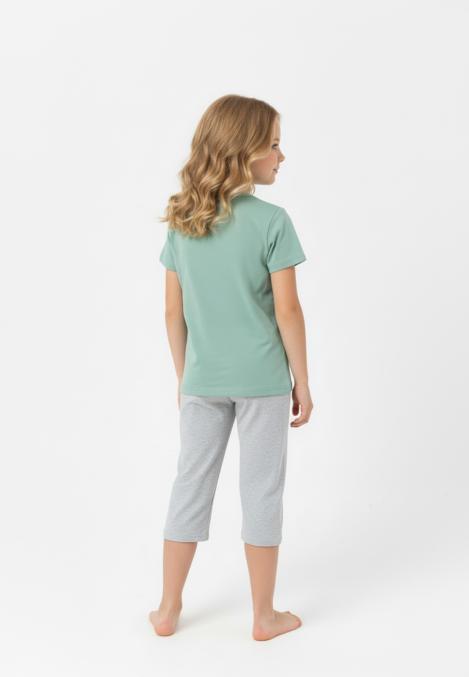 Pijama copii cu maneca scurta si pantaloni 3/4,culoare verde deschis, Engros